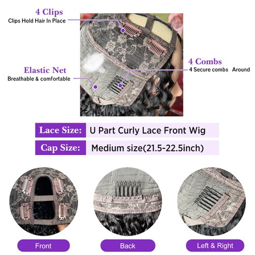 BAFUWIG U Part Human Hair Wig Curly U Part Wig Brazilian Virgin Human Hair Wig for Black Women 180% Density Full Head Clip in U Part Wig Glueless No Leave Out Lace Front Wigs Natural Color (14 Inch)