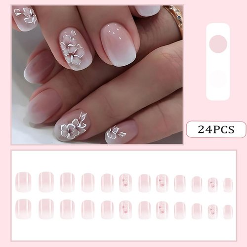 RUPOFUZA Acrylic Press on Nails Short Square Fake Nails White Ombre Glue on Nails Short False Nails with Flower Gloss Designs Nails Press on Artificial Nails Stick on Nails for Women 24Pcs