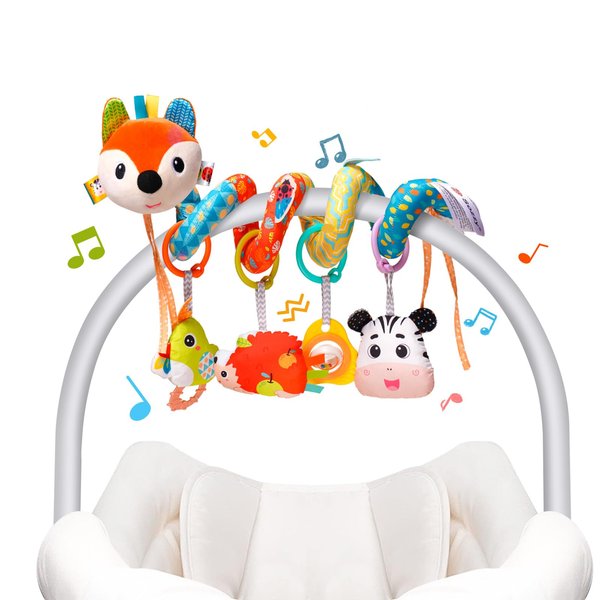 Car Seat Toys, Cute Fox Car Seat Toys for Babies 0-6 Months Boy, Stroller Toys with Crinkle, Teether, Music Box, Rattle, BB Squeaker for 0 3 6 9 12 Months Babies Infant Boys Girls Gifts (Cute Fox)