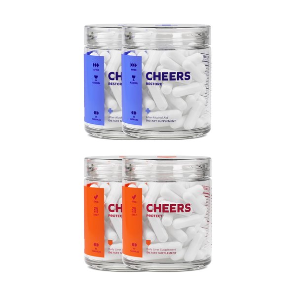 Cheers Liver Combo | Restore + Protect | Support Your Liver & Feel Better After Drinking | DHM, L-Cysteine, Milk Thistle, Prickly Pear, B-Vitamins | 24 Doses Restore, 60 Doses Protect | Supplements