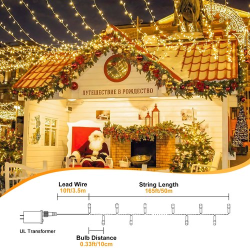 MYGOTO 165FT 500LED String Lights LED Starry Fairy Light, Twinkle String Lights Decorative Lights with 8 Modes 30V Plug in for Wedding,Patio,Gate,Party Indoor Outdoor Decoration (Warm White)