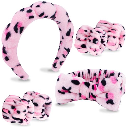 VELSCRUN 6 Pack Hairband, Makeup Headband, Face Wash Headband, Skincare Headbands, Leopard Print-Pink, Microfiber, One Size Fits All, Ideal Gift for Women