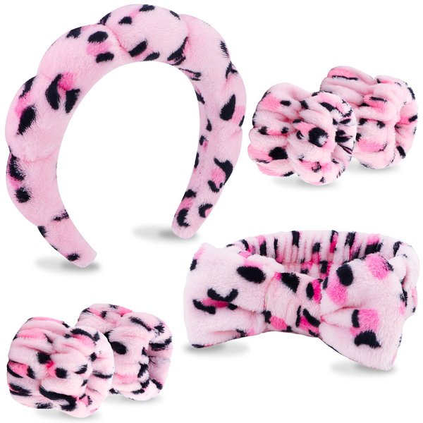 VELSCRUN 6 Pack Hairband, Makeup Headband, Face Wash Headband, Skincare Headbands, Leopard Print-Pink, Microfiber, One Size Fits All, Ideal Gift for Women