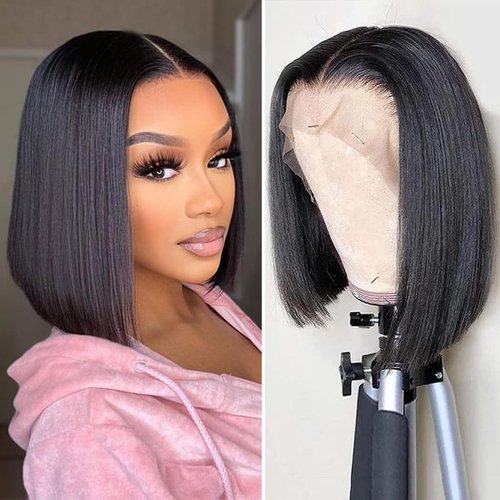 DÉBUT Bob Wig Lace Front Wigs Human Hair Short Bob 10 Inches Middle Part Wigs Brazilian Virgin Straight Hair Natural Color 13x4x1 T Part Wigs for Black Women
