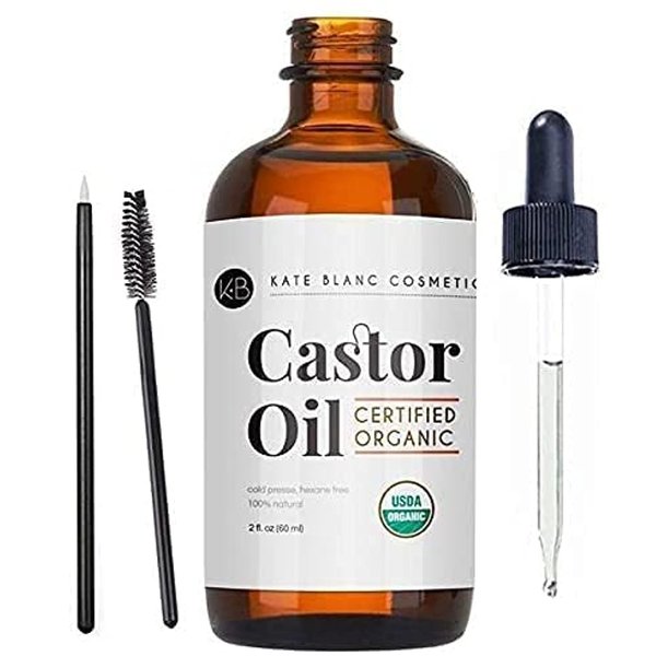 Kate Blanc Cosmetics Castor Oil (2oz), USDA Certified Organic, 100% Pure, Cold Pressed, Hexane Free. Stimulate Growth for Eyelashes, Eyebrows, Hair. Skin Moisturizer & Hair Treatment Starter Kit