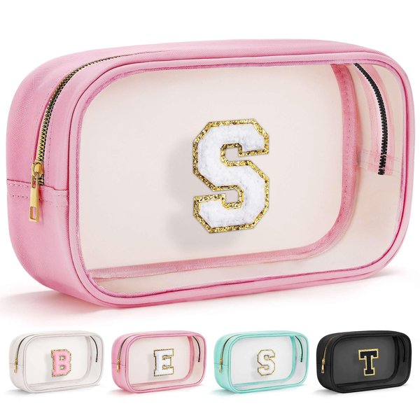 YOOLIFE Travel Clear Makeup Bag Toiletry Bag, Make up Bag Waterproof Toiletry Bags for Women Cosmetic Bag Preppy Stuff Brithday Gifts for Women Personalized Pink Mother Girlfriend Wife Gifts Letter S