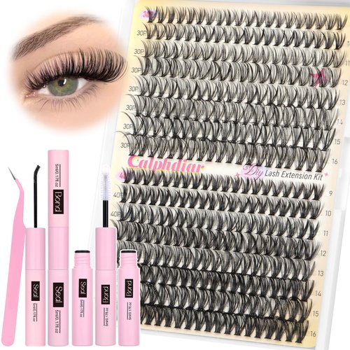 calphdiar Eyelash Extension Kit 320PCS Lashes Clusters 30D+40D Lash Extension Kit 9-16mm Wispy Cluster Eyelash Extensions Kit with Lash Bond and Seal Tweezers Natural Lash Clusters Kit for Beginners