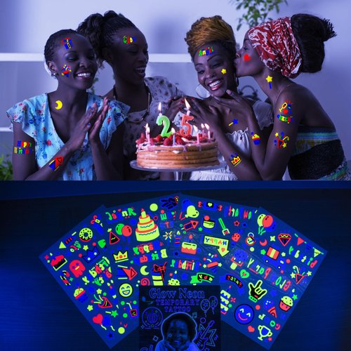 89 PCS Glow in The Dark Neon Temporary Tattoos, Fluorescence UV Blacklight Body Face Fake Tattoo Stickers for Kids Women Men, Glow Tiny Tattoo for Birthday Makeup Rave Party Accessories Decoration