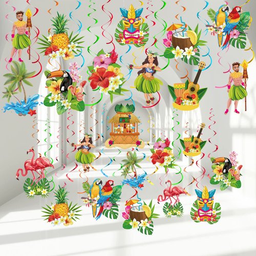 30 Pieces Hawaiian Luau Birthday Party Hanging Swirl Decorations, Flower Tropical Palm Flamingo Sign Foil Ceiling Decor for Floral Tropical Party Summer Beach Pool Party Tiki Party Supplies (Bird)