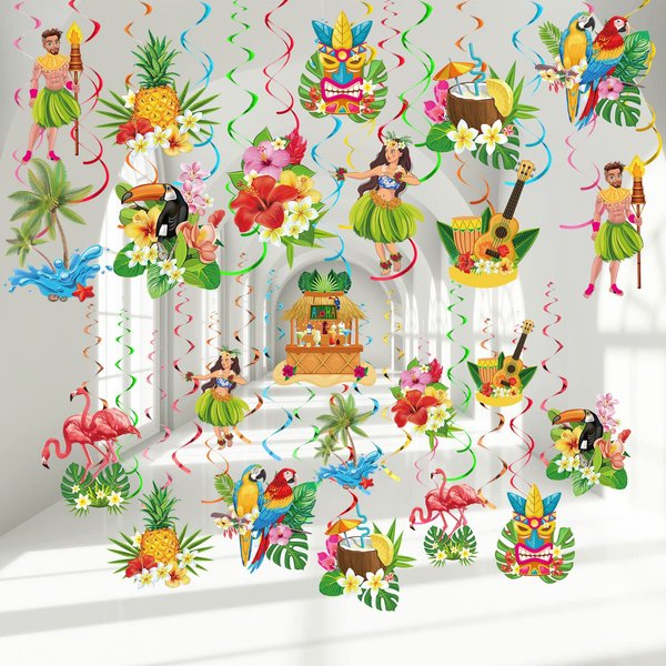 30 Pieces Hawaiian Luau Birthday Party Hanging Swirl Decorations, Flower Tropical Palm Flamingo Sign Foil Ceiling Decor for Floral Tropical Party Summer Beach Pool Party Tiki Party Supplies (Bird)