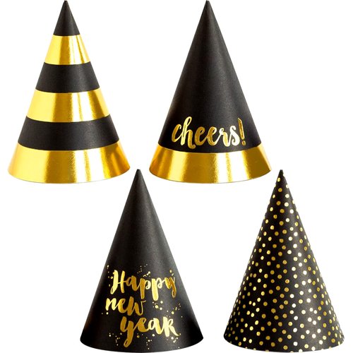 KatchOn, Happy New Years Eve Party Hats - Pack of 4 | Black and Gold New Years Eve Hats, New Years Eve Party Supplies 2024 | New Years Hats for NYE Decorations 2024 | Happy New Years Decorations 2024