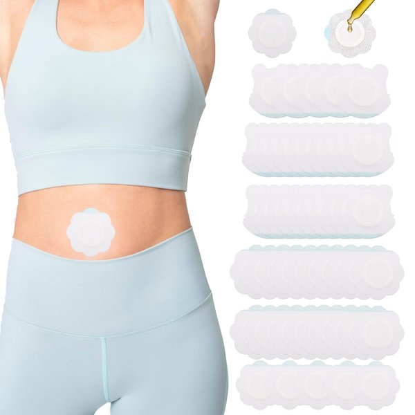 50pcs Castor Oil Belly Button Wrap, 2 Styles Self-Adhesive Castor Oil Patches No Leakage Highly Absorbent Organic Cover Compress Wrap (Tiger and Plum Blossom)