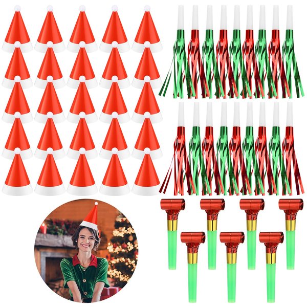 Feifeiya 50 Pcs Christmas Paper Cone Hat Party Supplies Include 25 Xmas Cone Santa Hats 18 Fringed Noise Makers 7 Whistle Noisemaker for Xmas Holiday Cosplay Dressing Christmas Gifts Party Supplies