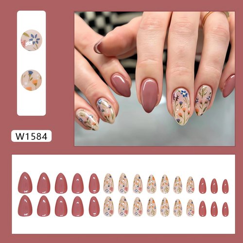 Short Press on Nails Almond Brown Flower Nails Press Ons Extra Short Fake Nails with Blue Flower Designs Short Ombre False Nails Summer Oval Glossy Stick on Nails for Women Acrylic Glue on Nails Kit