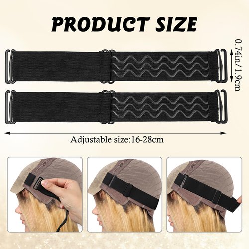 6Pcs Adjustable Elastic Wig Bands Removable Buckles Nonslip Wig Strap Wig Strips with Wavy Silicone Black Glueless Wig Cap Accessories for Sewing Making Keeping Fixed Wigs Edge Wrap Hair Styling
