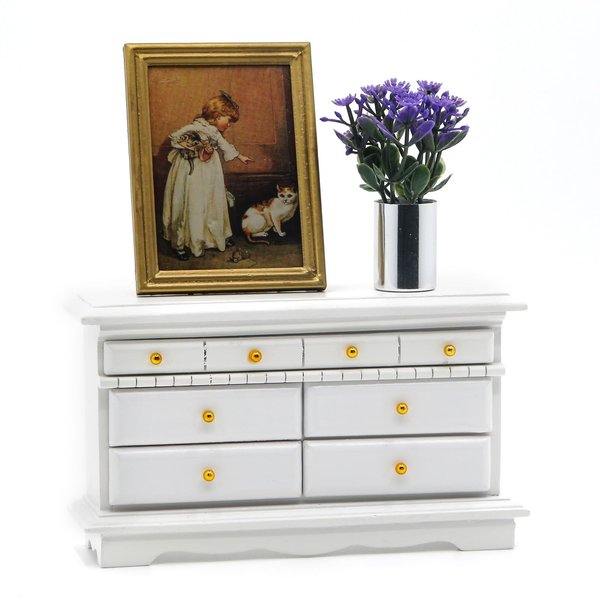 3 Piece Dollhouse Sideboard Set, Modern Style Wooden Dollhouse Chest of Drawers, 1:12 Dollhouse Living Room Storage Cabinet, Includes Chest of Drawers, Art Painting and Potted Plant