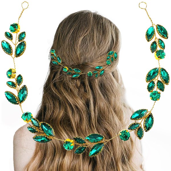 Aswewamt Green Crystal Bride Wedding Hair Vine Headband Green Leaf Headpiece Rhinestone Gold Bride Headband Jewelry Wedding Hair Accessories for Women