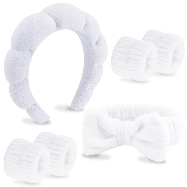 VELSCRUN 6 Pack Spa Headband, Makeup Headband, Face Wash Headband, Skincare Headbands, White Sponge Hair Band Bow Tie Spa Headband for Washing Face Wristband Set Hair Accessories for Women Gifts