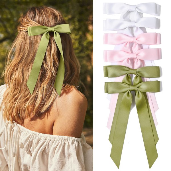 6PCS Hair Bows Hair Clip White Pink Hair Ribbon for Women Silky Satin Tassel Ribbon Hair Accessories Clips Hair Bow for Girls Toddlers Teens Kids