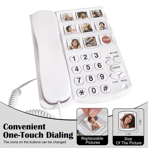 Landline Phone, Big Button Phone for Seniors, Telephone Can One-Touch Dialling with 9 Piction, Suitable for People with Vision Disorders/Hearing Damage, Corded Phone Can Be Used for Home, Office