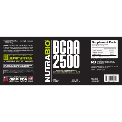 NutraBio – BCAA 2500 – Branched Chain Amino Acids – Support New Muscle Growth and Prevent Muscle Breakdown – 250 Capsules