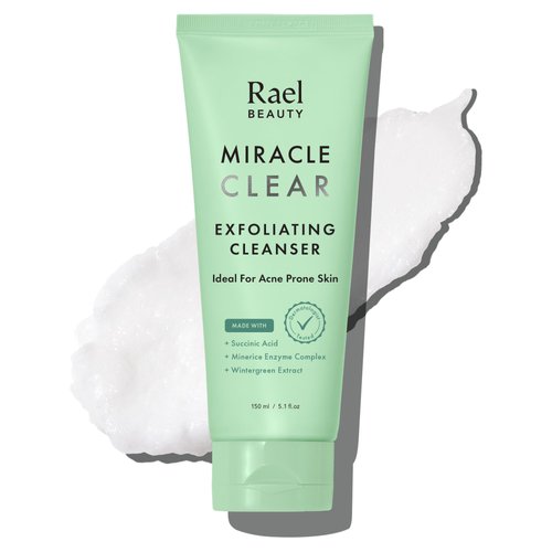 Rael Face Wash, Miracle Clear Exfoliating Cleanser - Face Cleanser for Oily and Acne Prone Skin, Gentle Facial Cleanser, Hydrating, w/Succinic Acid & Minerice, Vegan, Cruelty Free (5.1 fl. oz)