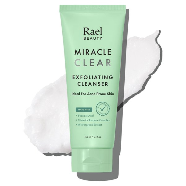 Rael Face Wash, Miracle Clear Exfoliating Cleanser - Face Cleanser for Oily and Acne Prone Skin, Gentle Facial Cleanser, Hydrating, w/Succinic Acid & Minerice, Vegan, Cruelty Free (5.1 fl. oz)