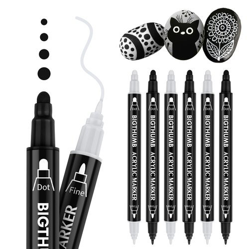 BIGTHUMB Black & White Paint Pen, 6 Pack Dual Tip Acrylic Paint Markers with Extra-fine Tip and Dot Tip, for Rock Painting, Stone, Ceramic, Glass, Wood, Tire, Fabric, Metal, Canvas, Water-based