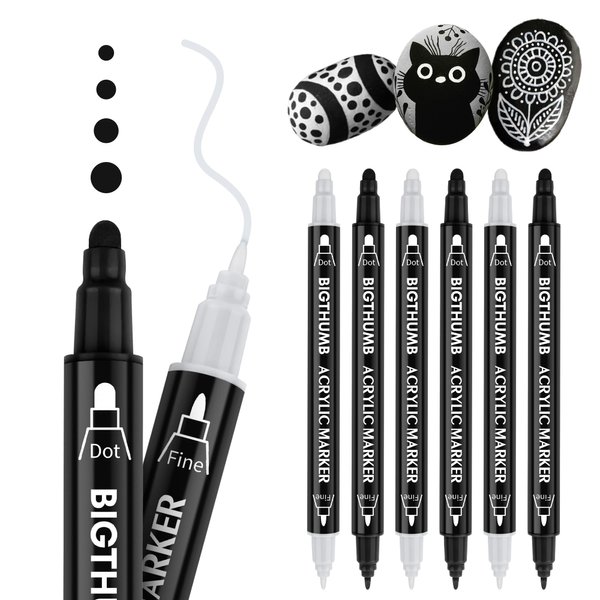 BIGTHUMB Black & White Paint Pen, 6 Pack Dual Tip Acrylic Paint Markers with Extra-fine Tip and Dot Tip, for Rock Painting, Stone, Ceramic, Glass, Wood, Tire, Fabric, Metal, Canvas, Water-based
