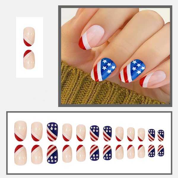 ZASKHLD 4th of July Press on Nails Short Square Fake Nails Glossy French Tip Full Cover False Nails Shiny Red Glitter Glue on Nails Independence Day Patriotic Acrylic Nails for Women Girls 24pcs