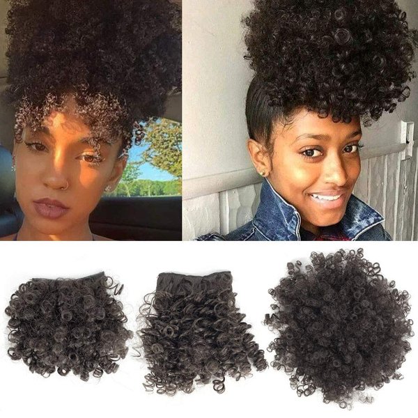 Allyreetress Afro Puff Drawstring Ponytail with 2 Bangs Afro High Puff Bun with Spring Curl Bangs and Afro Puff Bangs Clip in Hairpieces Pineapple Updo Ponytail with Bangs(2#Natural Black