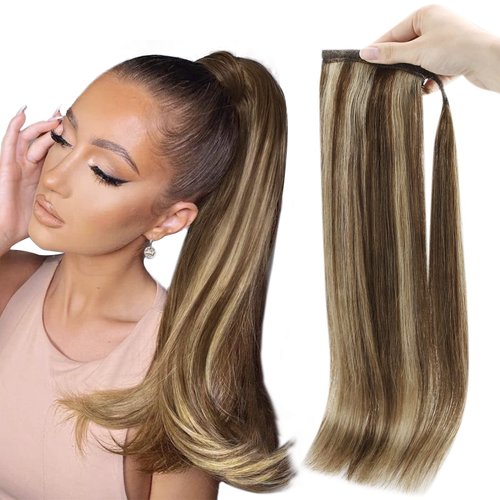 Full Shine Hair Extensions Clip in Ponytail Human Hair Extensions Wrap Around Ponytail Hair Extensions Straight Hair Medium Brown Highlights Honey Blonde 70Grams 12Inch
