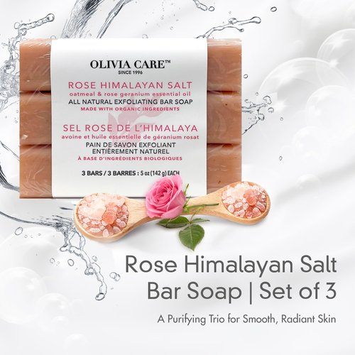 Olivia Care Exfoliating Bar Soap With Rose Himalayan Salt Natural & Organic - Infused w/Oatmeal & Rose Essential Geranium Oil - Moisturize, Detoxify, Hydrate - 3 X 5 OZ