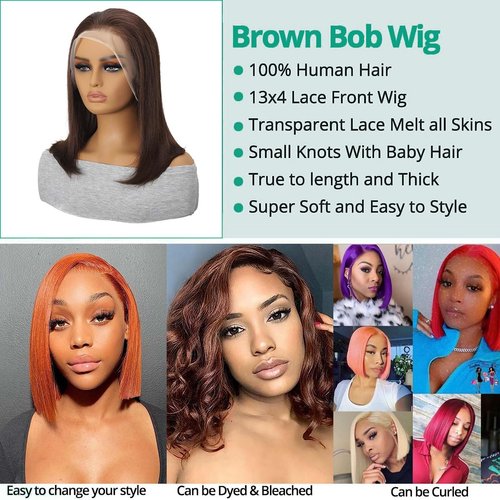 SEXAY Brown Front Bob Wig Human Hair 13x4 HD Lace Front Wig 100% Unprocessed Brazilian Virgin Human Hair #4 Bob Wigs Pre Plucked Natural Hairline with Baby Hair Brown Color Bob for Women(8")