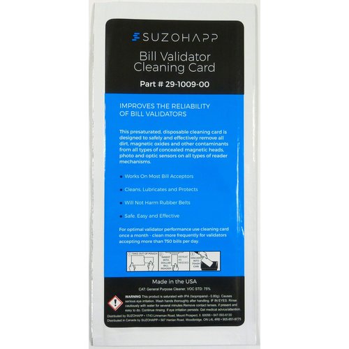 Dollar Bill Validator/Acceptor Pre-saturated Cleaning Card 25/pk