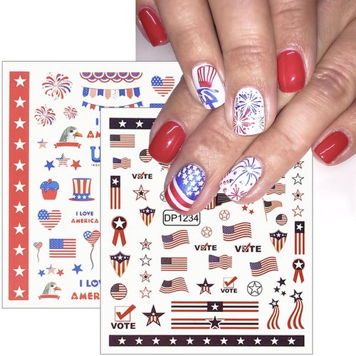 6Pcs Independence Day Nail Art Stickers Patriotic American Flag Heart balloon Fireworks Nail Design 4th of July Nail Stickers 3D Self-Adhesive Star Nail Decals Decoration for Women DIY Nail Supplies