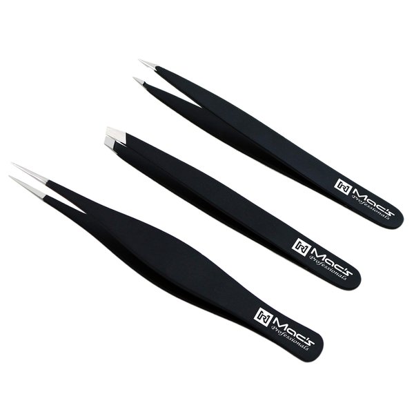 Macs Tweezers Set;- for Eyebrow Plucking, Ingrown Hair -Best for Eyebrow Hair, Facial Hair Removal,Splinter - Stainless Steel Precision Sharp- Pointy Ends Meet Perfectly - 7343BK (Black)