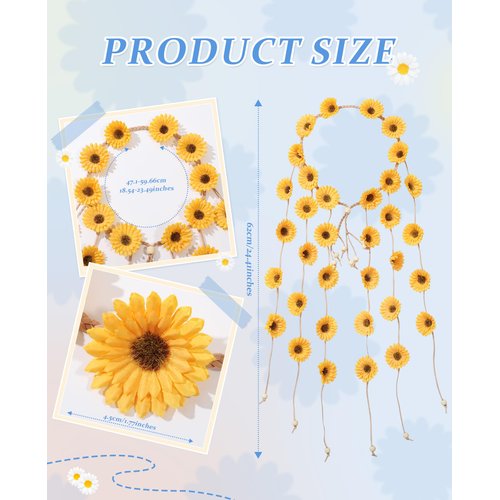 CHLINS Hippie Headband Flower Crown Bohemian Sunflower Headband Flower Headpiece Hippie Costume 60s 70s Outfits for Women (Yellow)