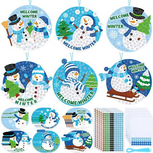 Silipull 30 Sets Snowman Craft Kit DIY Winter Snowman Glitter Mosaic Sign Craft Make Your Own Snowflake Hanging Ornaments for Winter Christmas Fun Home Party Favors Activities