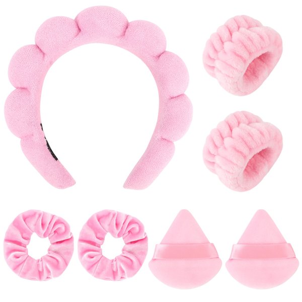 Araluky 7Pcs Puffy Spa Headband and Wristband Set Skincare Headband for Washing Face Scrunchies Powder Puffs Sponge Spa Makeup Headband Puffy Headband Terry Cloth Headband for Mask Makeup Removal-Pink
