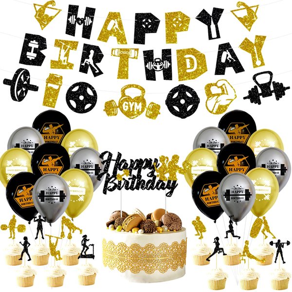KEFAN Gym Birthday Party Decorations, Weight Lifting Party Supplies, Black and Gold Fitness Themed Party Decorations with Latex Balloons Fitness Cake Topper Glitter Gym Happy Birthday Banner