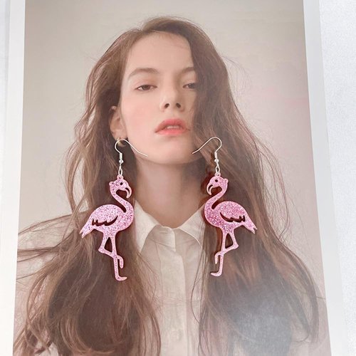Cute Pink Flamingo Glitter Dangle Drop Earrings for Women Teen Girls Dainty Lightweight Acrylic Animal Hook Statement Dangling Hanging Hypoallergenic Fashion Jewelry Valentine's Day Gifts Bff
