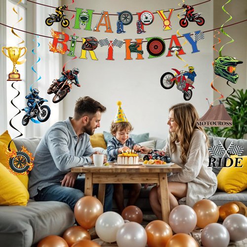 Motorcycle Dirt Bike Birthday Party Decoration for Boys Kids Motorcycle Motocross Dirt Bike Theme Happy Birthday Banner and Hanging Swirls for Birthday Party Decor Supplies