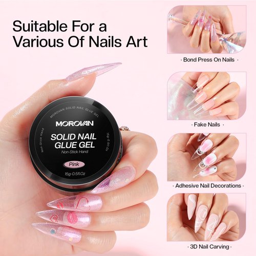 Morovan Solid Glue Nail Gel: 15g Solid Nail Glue for Acrylic Nail Tips Super Strong Pink Glue Gel Solid Hard Gel for Nails Art DIY Home