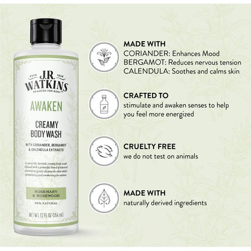 J.R. Watkins Awaken Creamy Moisturizing Body Wash, Cleanses & Stimulates Senses, Natural Rosemary & Rosewood, 12 oz