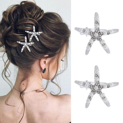 BARTOSI Starfish Hair Clips Silver Pearl Hair Barrettes Crystal Hair Pin Bride Wedding Hair Pieces Mermaid Hair Accessories for Women and Girls (Pack of 2)