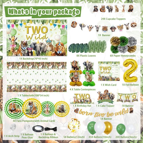 Mpanwen Two Safari Wild Birthday Decorations for 2 Years Old Boys Girls, 2nd Safari Jungle Party Supplies - Backdrop, Banner, Tablecloth, Palm Leaves, Centerpieces, Paper Honeycomb, Fans Pompoms