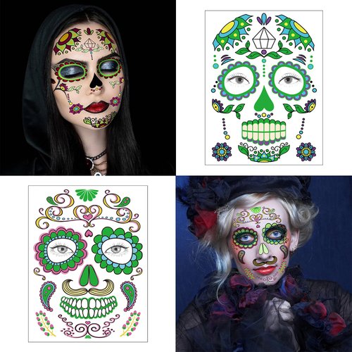 Temporary Face Tattoos, 6 sheets Day of the Dead Decorations Glow in The Dark,Sugar Skull Stickers Halloween Makeup for Men and Women (Face Tattoos)