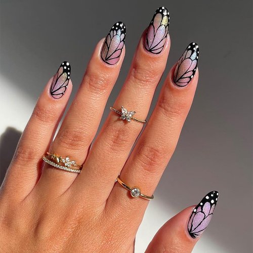 QQPPOLIU Almond Press on Nails Glitter Fake Nails Medium Length Press Ons With Butterfly Designs Glue on Nails for Women 24pcs