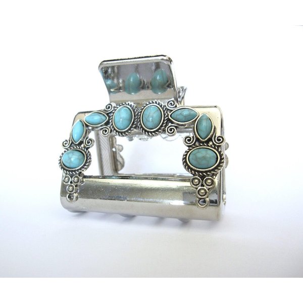 Hair claw clip turquoise blue stones south western design metal rectangle shape